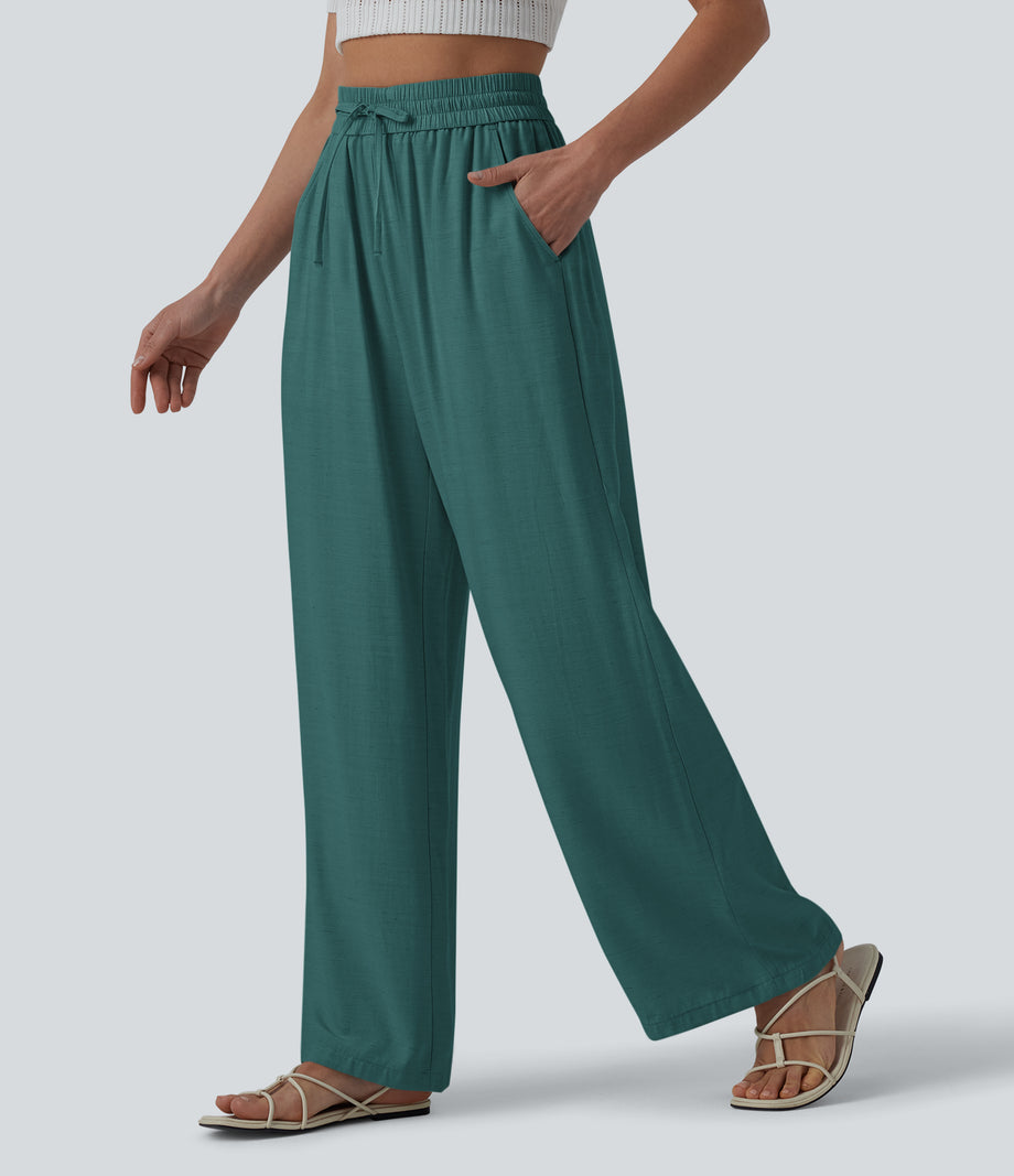 High Waisted Drawstring Wide Leg Casual Linen-Blend Pants with Pockets - Jasper