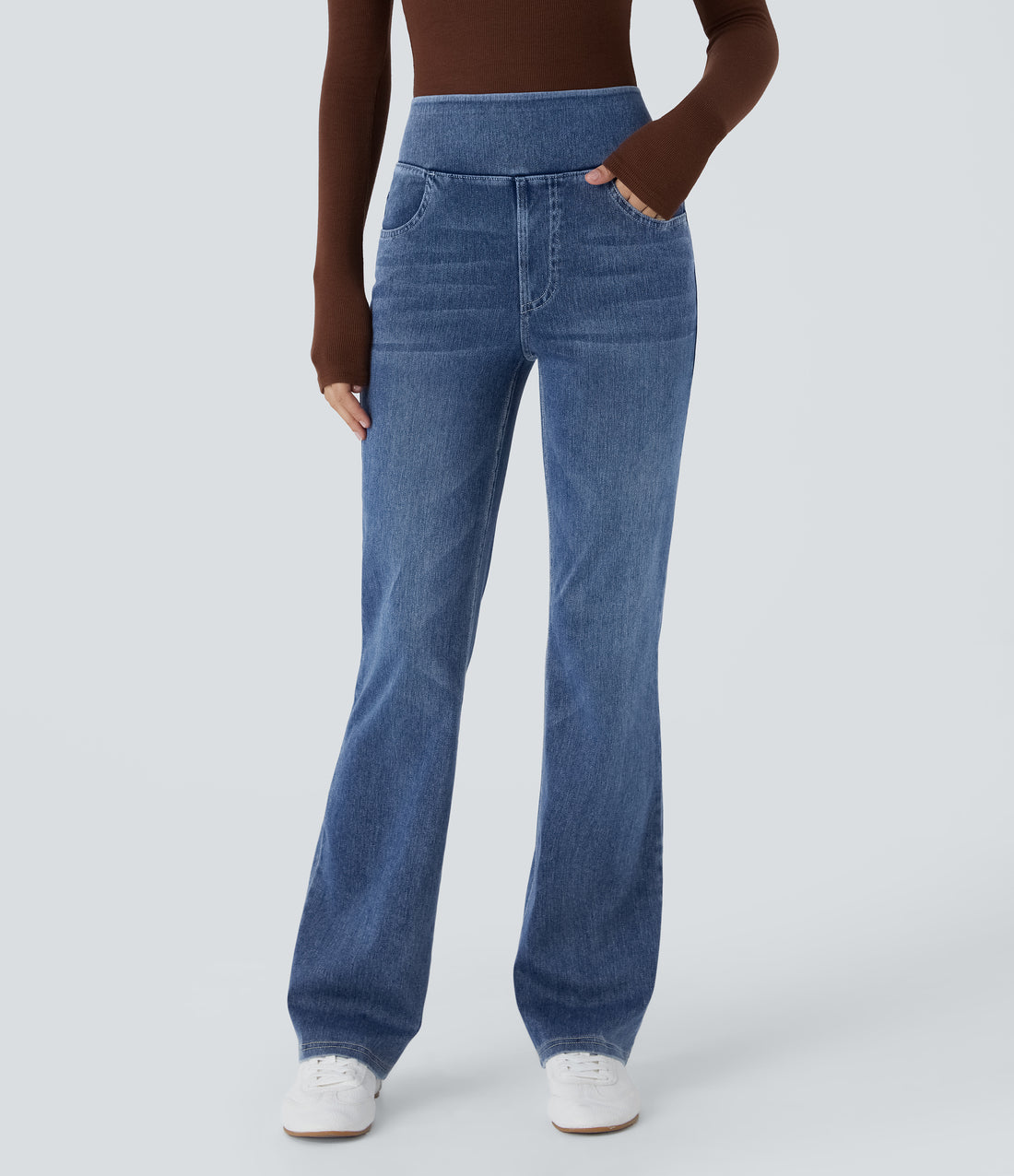 Halara Flex™ High Waisted Pockets Washed Casual Bootcut Jeans - Royal Blue Denim