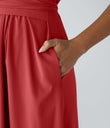 Breezeful™ V Neck Short Sleeve Pocket Tie Back Quick Dry Midi Casual Dress-Longer Length - Pompeian Red