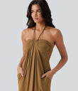 Halter Tie Back Maxi Dress with Pockets - Sudan Brown