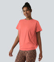 Round Neck Short Sleeve Ruched Cool Touch Yoga Sports Top-UPF50+ - Fusion Coral