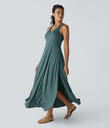 U Neck Flowy Maxi Casual Tank Dress - Jade Green Floral Yarn