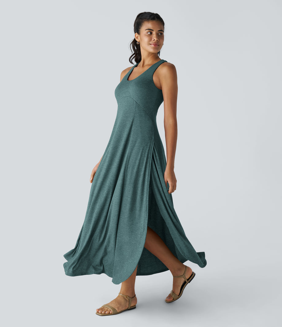U Neck Flowy Maxi Casual Tank Dress - Jade Green Floral Yarn