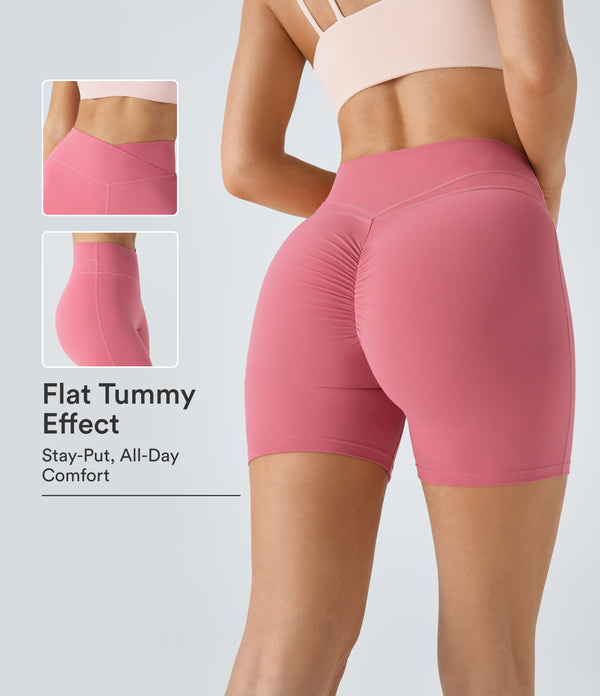 SoftlyZero™ Plush High Waisted Crossover Ruched Yoga Shorts 5'' - Begonia Rouge