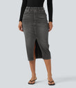 Halara Flex™ High Waisted Pockets Bodycon Washed Denim Casual Midi Skirt - Charcoal Black Denim