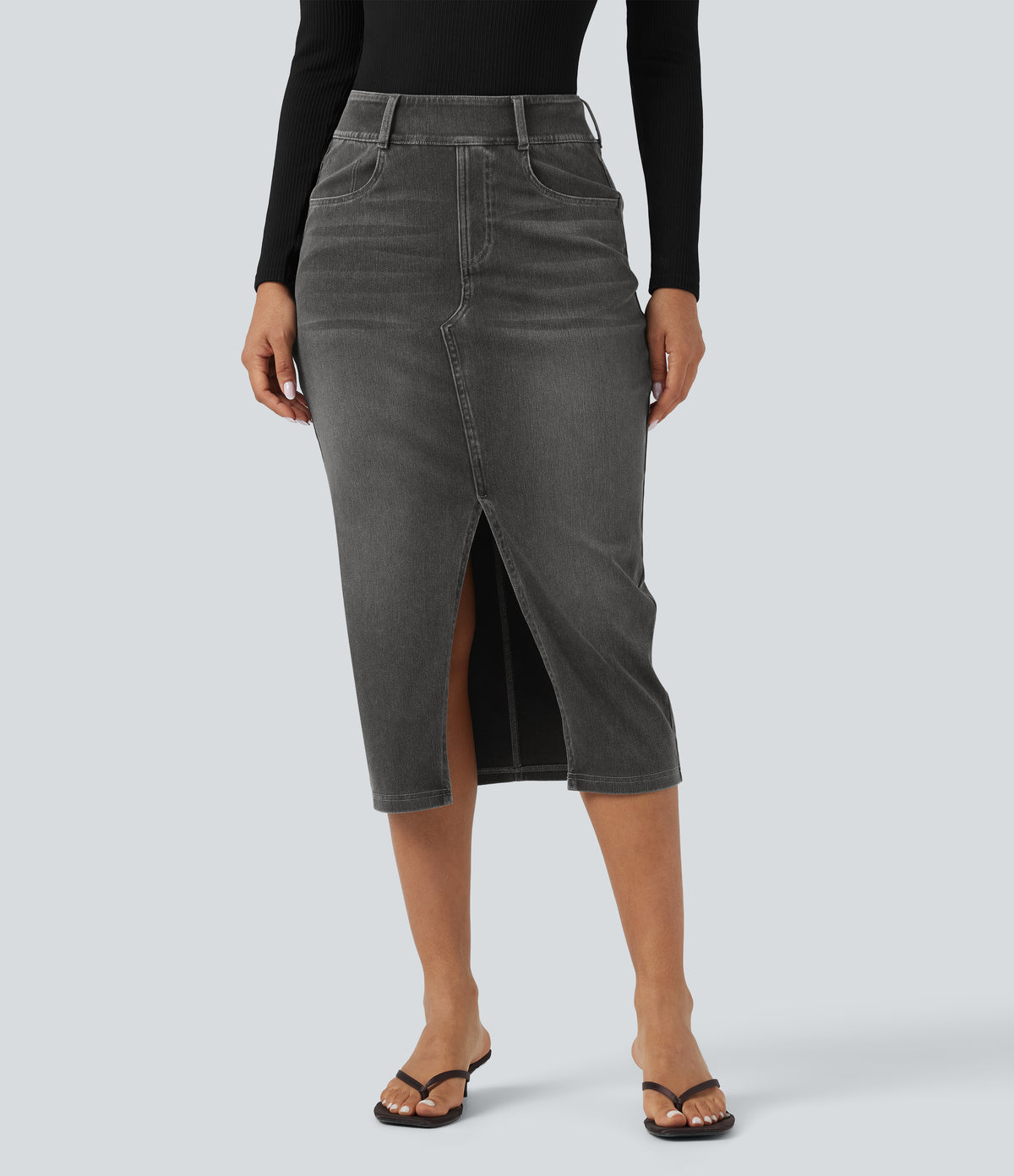 Halara Flex™ High Waisted Pockets Bodycon Washed Denim Casual Midi Skirt - Charcoal Black Denim