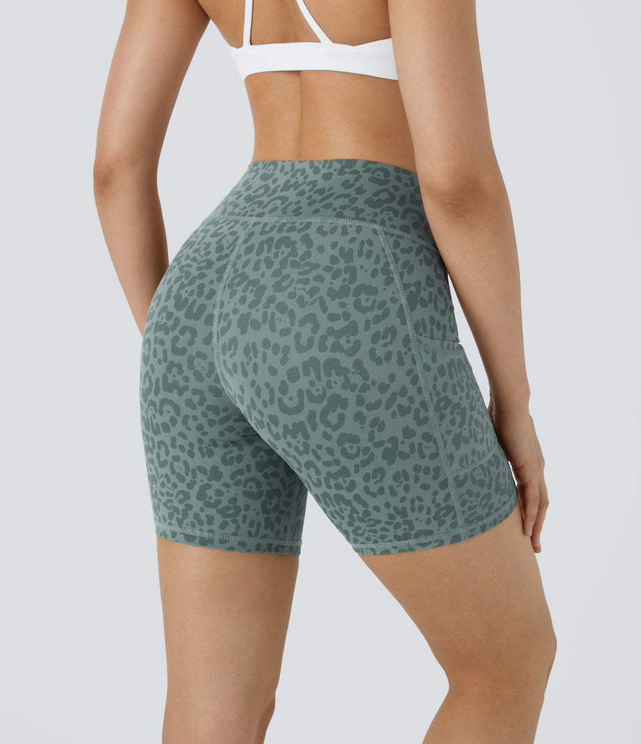 High Waisted Pocket Running Biker Shorts - Green Leopard Print
