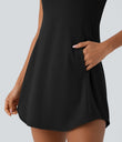 SoftlyZero™ Plush Cut Out Pocket 2-Piece Mini Yoga Active Dress - Black