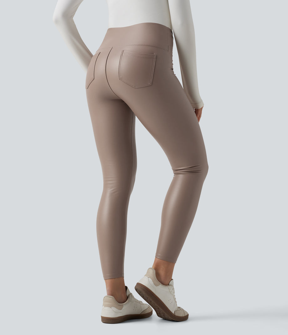 High Waisted Tummy Control Stretchy PU Fleece 7/8 Skinny Casual Leggings with Pockets - Sinopia Fresco