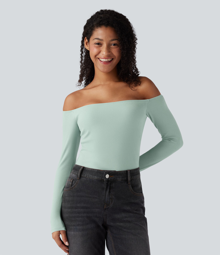 Ribbed Knit Off Shoulder Long Sleeve 2-in-1 Casual Top - Crow Green