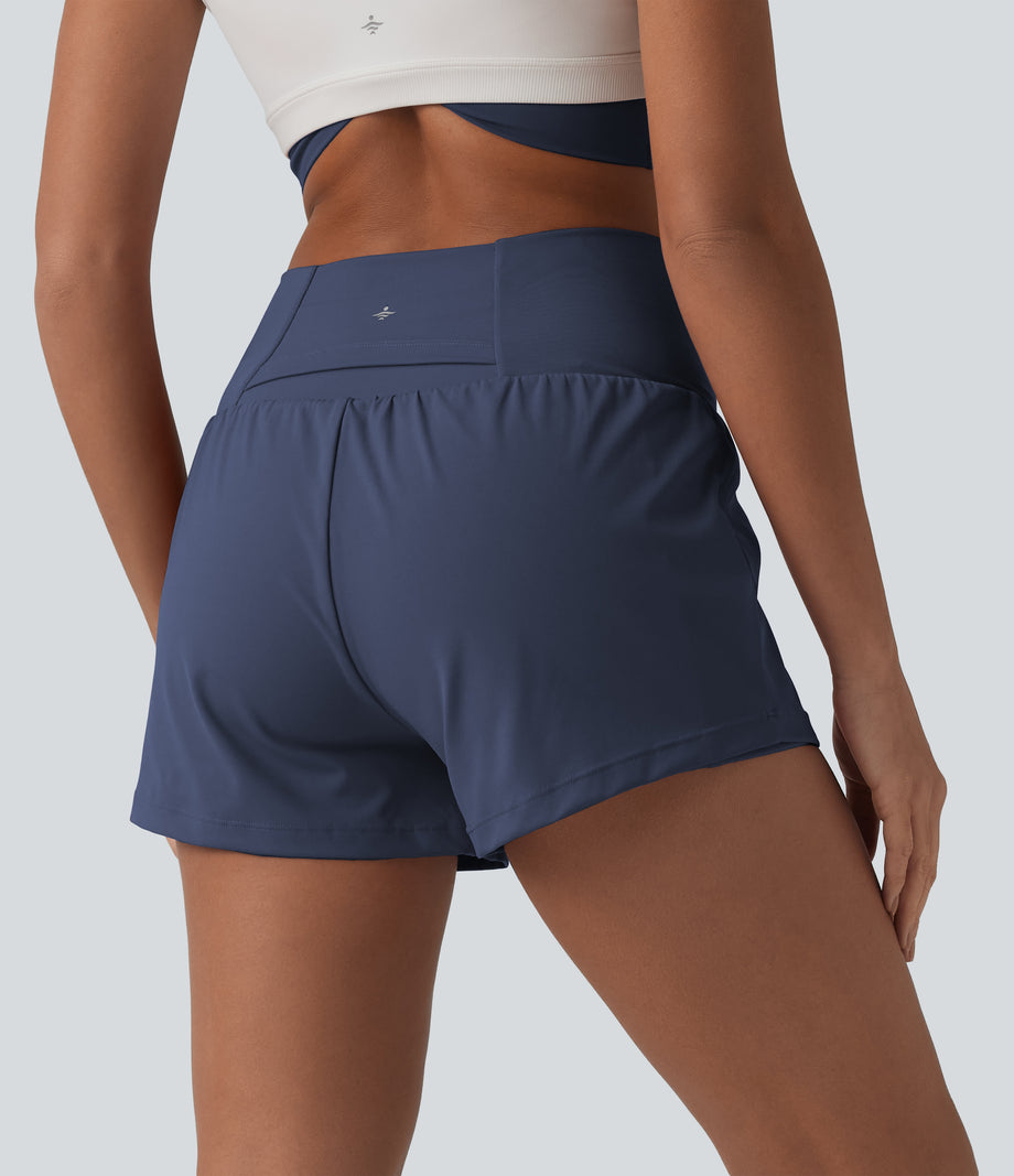 SoftlyZero™ Airy Crossover High Waisted 2-in-1 Cool Touch Yoga Shorts 3'' with Pockets - Mood Indigo