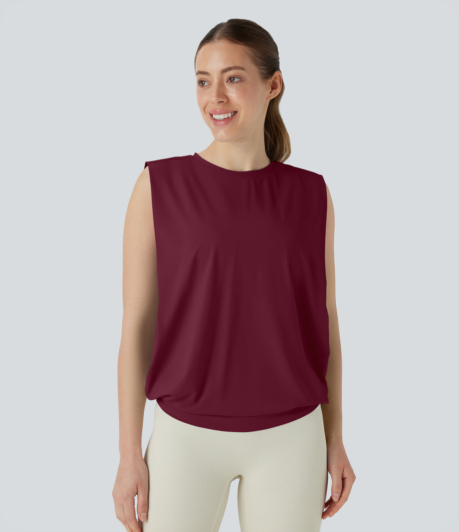 Round Neck Ruched Cool Touch Yoga Tank Top-UPF50+ - Deep Wine