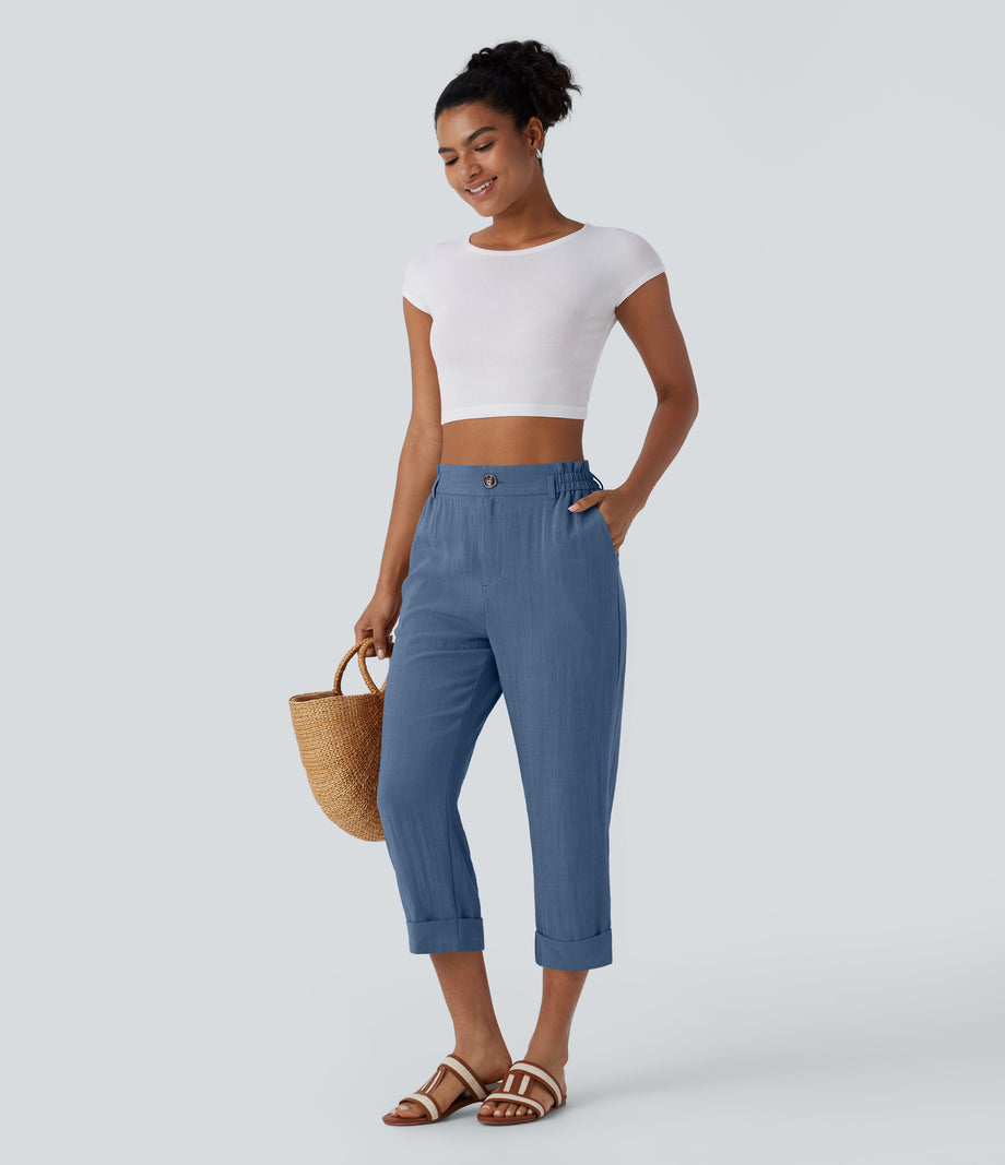 High Waisted Zipper Pocket Cropped Linen-Feel Pants - Blue Horizon