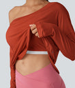 One Shoulder Long Sleeve Thumb Hole Curved Hem High Low Quick Dry Yoga Sports Top-Built-in Bra - Rooibos Tea