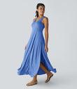U Neck Flowy Maxi Casual Tank Dress - Sky Blue Floral Yarn