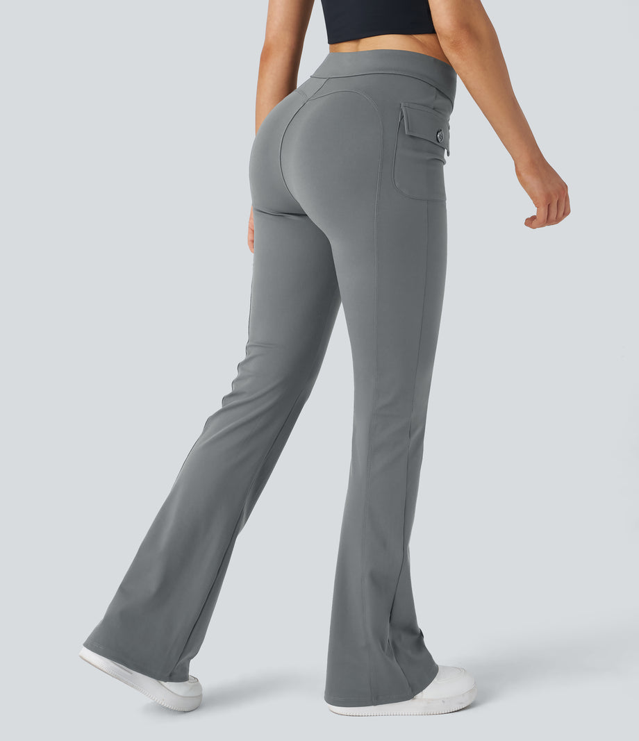 High Waisted Side Flap Pocket Flare Casual Cargo Pants - Brick Gray
