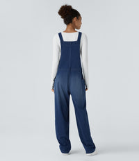 Halara Flex™ V Neck Pocket Washed Denim Casual Overalls - Serene Blue Denim