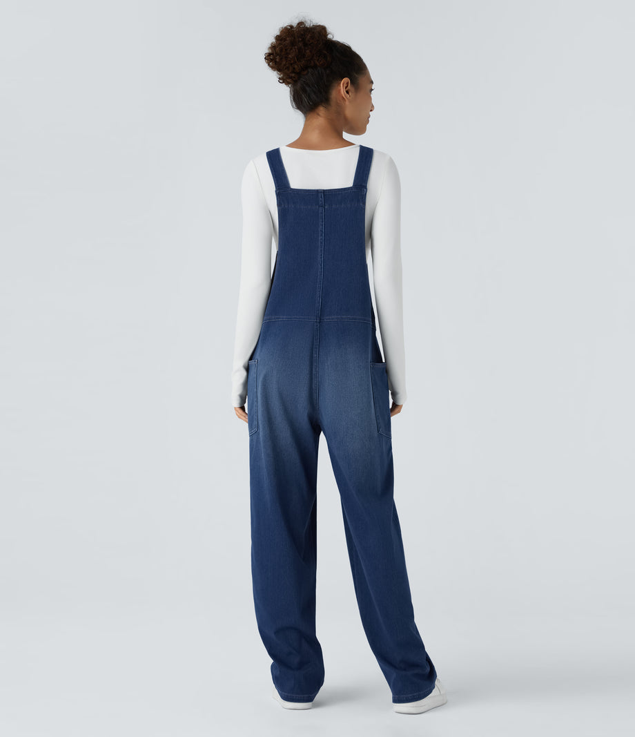 Halara Flex™ V Neck Pocket Washed Denim Casual Overalls - Serene Blue Denim
