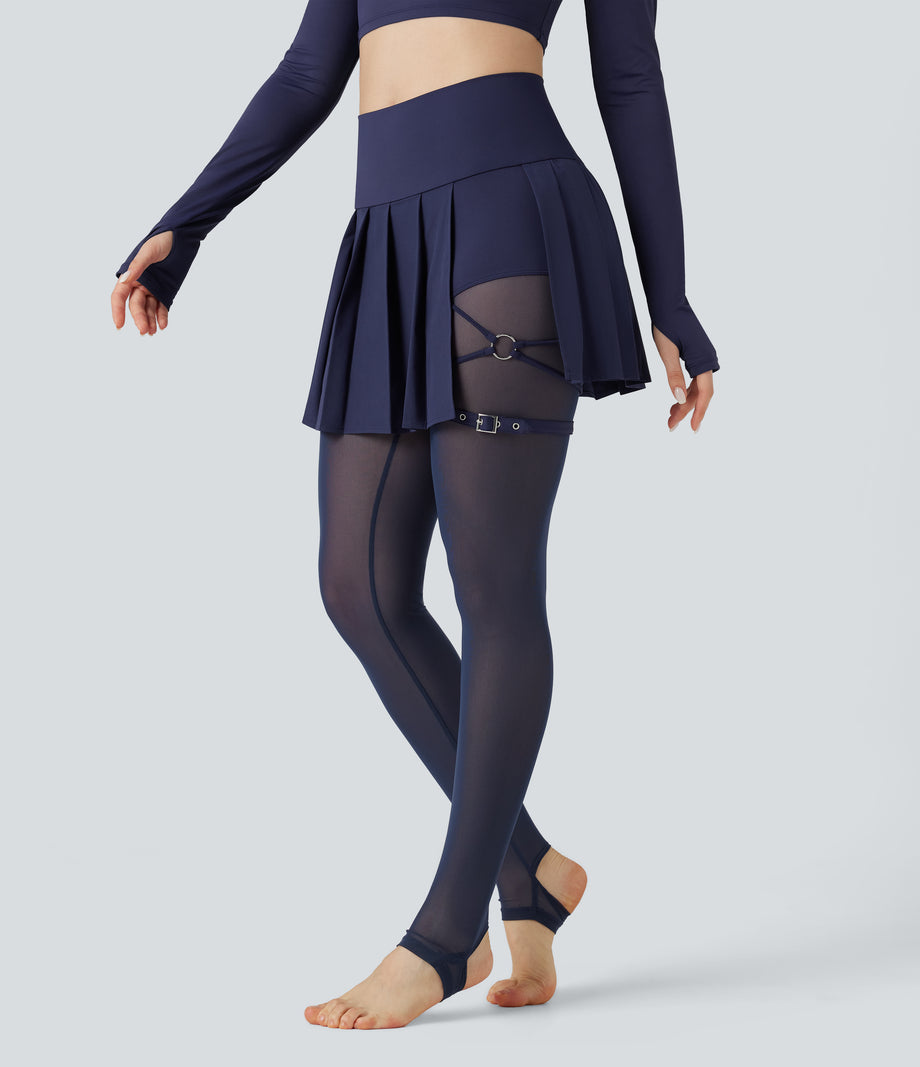 Breezeful™ High Waisted Pleated 2-in-1 Contrast Mesh Quick Dry Dance Stirrup Skirted Leggings with Pockets - Patriot Blue