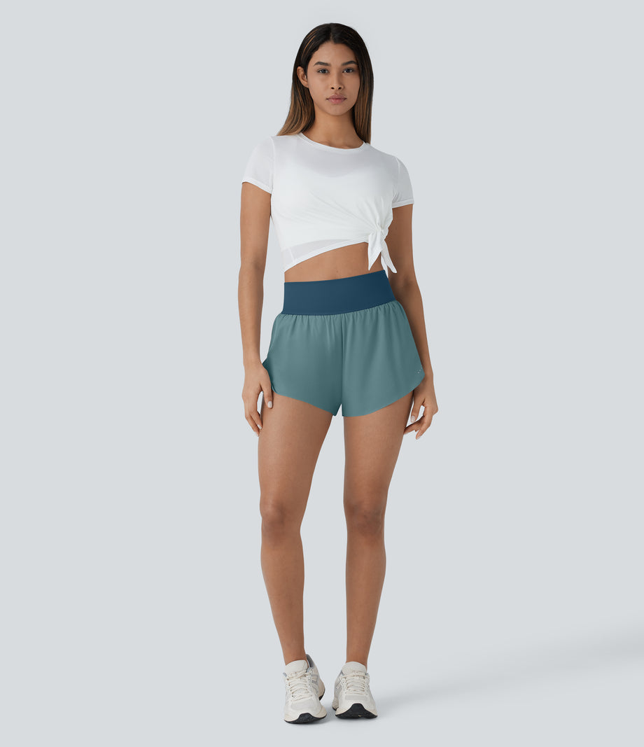 SoftlyZero™ QuickDry High Waisted Tummy Control Reflective Dots Crossover Hem 2-in-1 Running Shorts 3'' with Pockets - Dragonfly