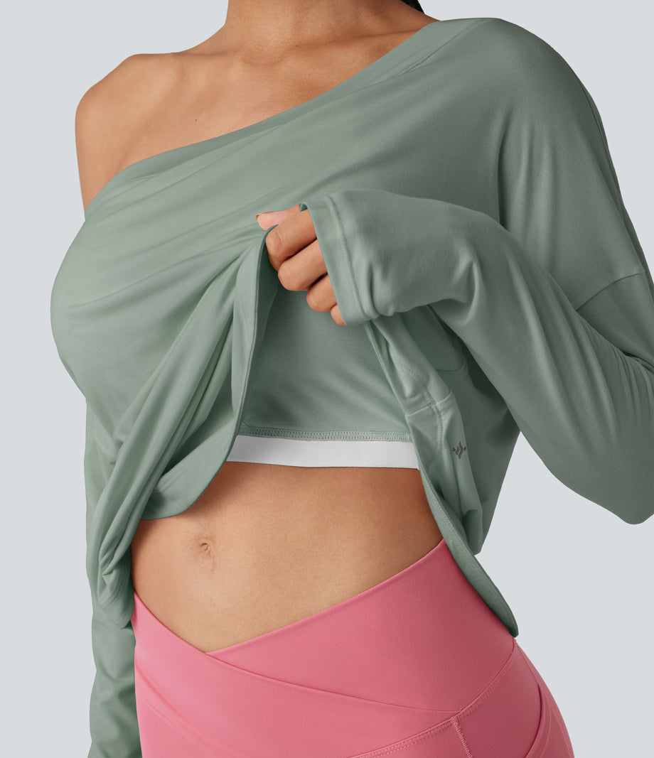 One Shoulder Long Sleeve Thumb Hole Curved Hem High Low Quick Dry Yoga Sports Top-Built-in Bra - Iceberg Green