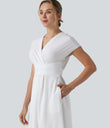 Breezeful™ V Neck Short Sleeve Pocket Tie Back Quick Dry Midi Casual Dress - White
