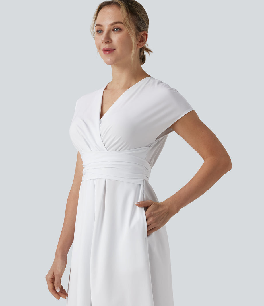 Breezeful™ V Neck Short Sleeve Pocket Tie Back Quick Dry Midi Casual Dress - White