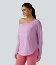 One Shoulder Long Sleeve Thumb Hole Curved Hem High Low Quick Dry Yoga Sports Top-Built-in Bra - Orchid Bouquet