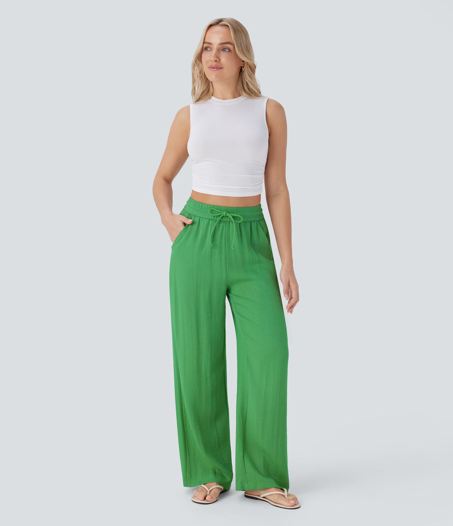 High Waisted Drawstring Pocket Wide Leg Baggy Casual Linen-Feel Pants - Kelly Green