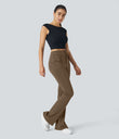 High Waisted Side Flap Pocket Flare Casual Cargo Pants - Sepia