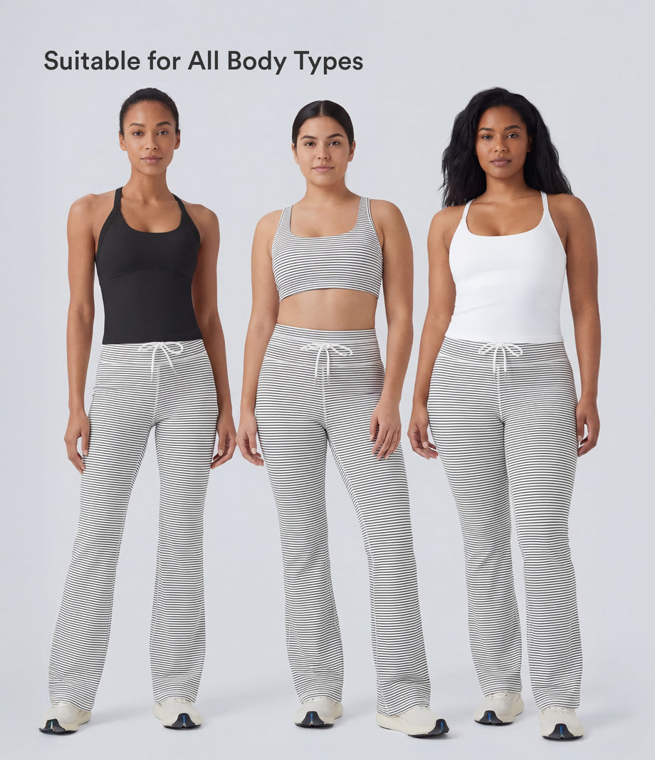 High Waisted Drawstring Stripe Flare Yoga Pants with Pockets - Zebra Ripple
