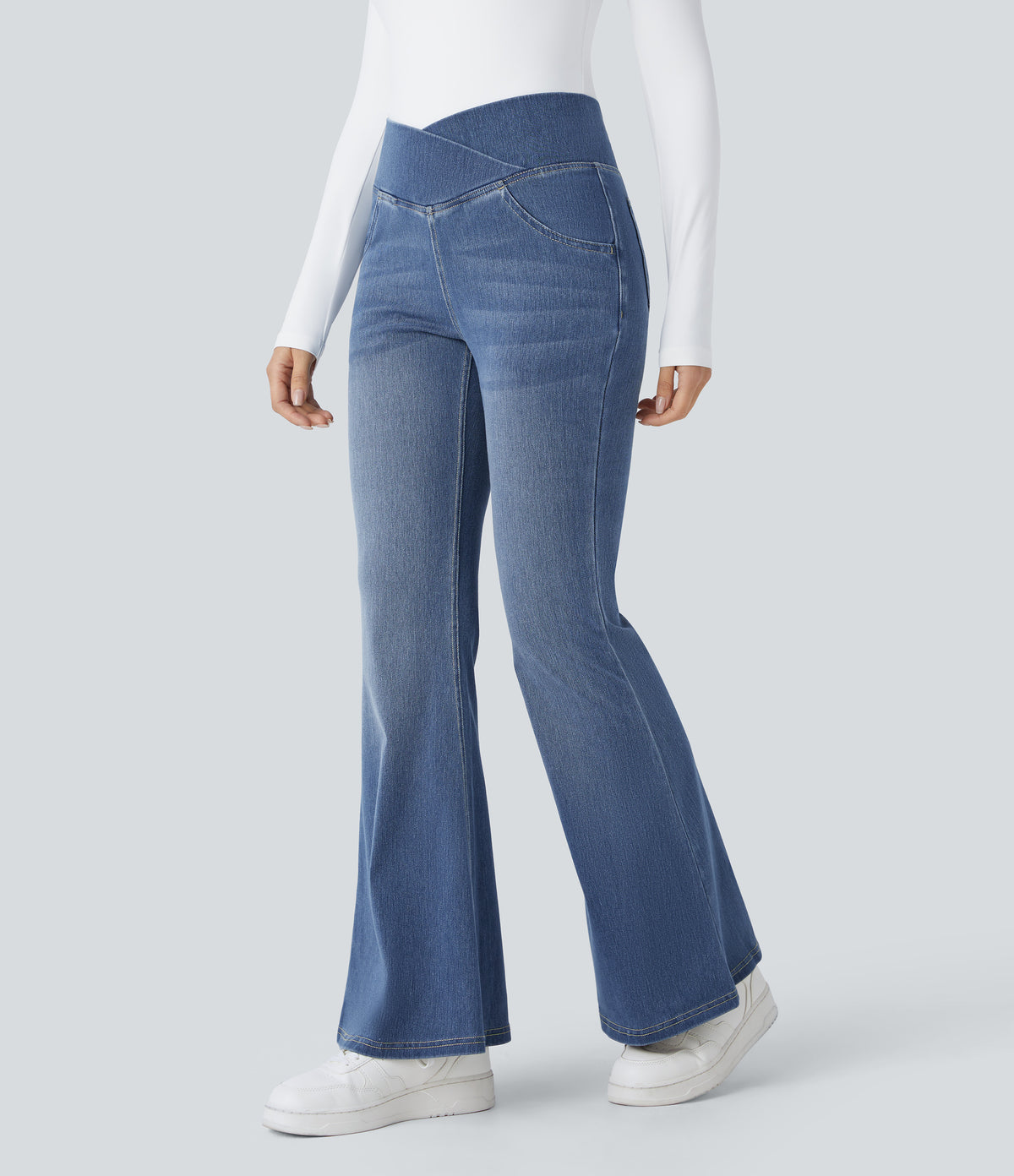 Halara Flex™ High Waisted Crossover Pocket Washed Casual Flare Jeans - Mayan Blue Denim