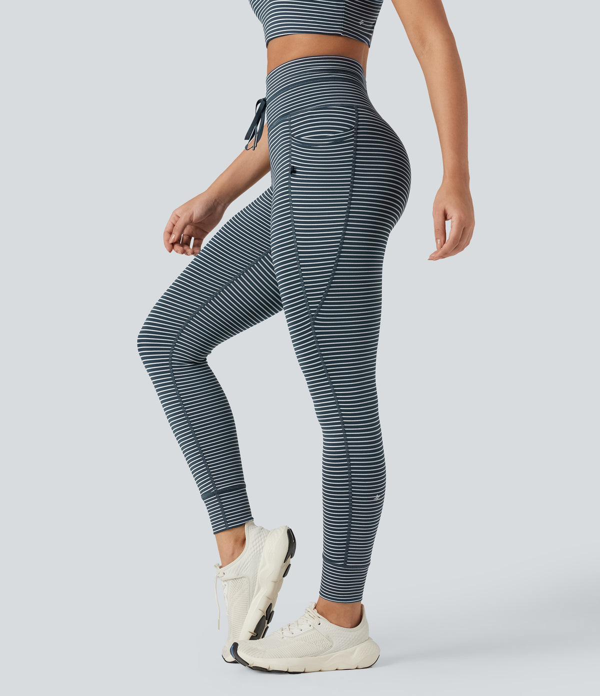 High Waisted Drawstring Striped Yoga Leggings with Pockets - Oceanic Teal