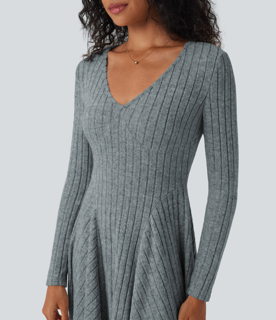 Ribbed Knit V Neck Long Sleeve Flare Mini Casual Dress with Pockets - Light Blue Floral Velvet
