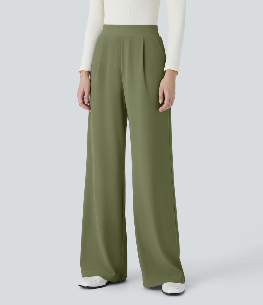Halara Flex™ High Waisted Body Sculpt Waist-Slimming Pocket Wide Leg Micro Waffle Work Pants - Mosstone