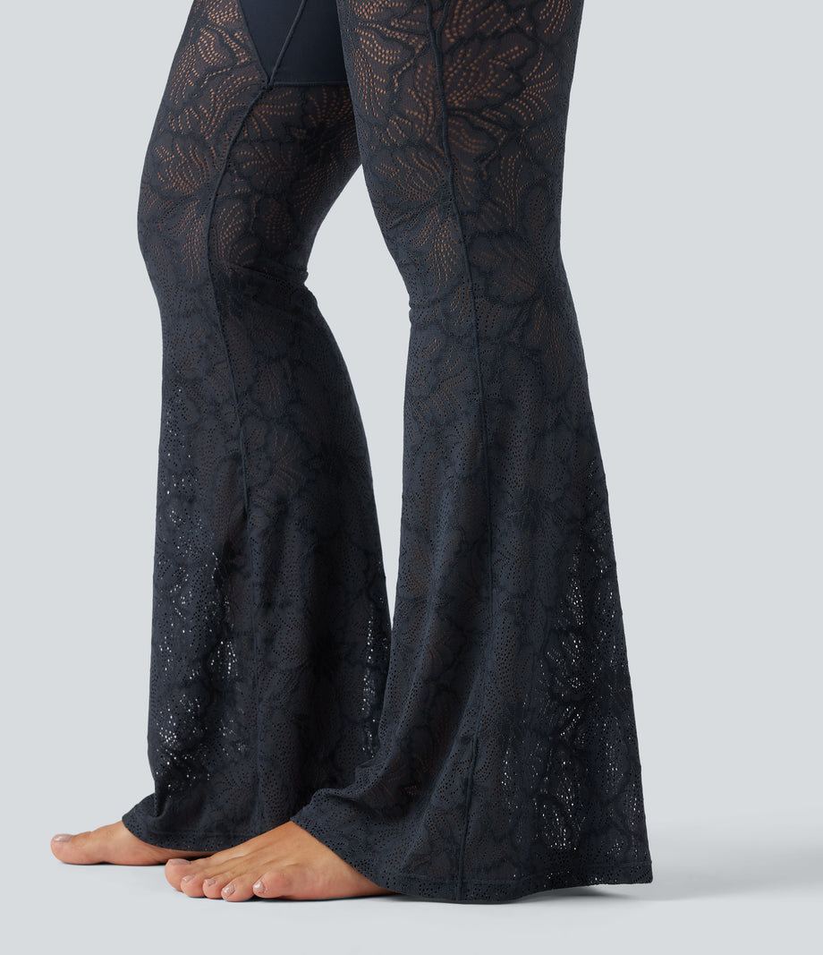 Halara UltraSculpt™ High Waisted Tummy Control Contrast Lace Yoga Flare Leggings with Pocket - Carbon