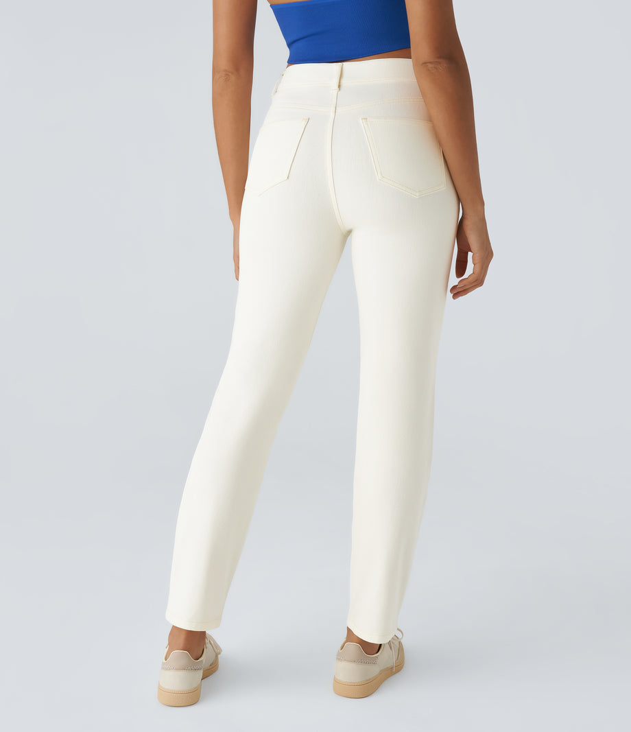 Halara Flex™ High Waisted Pockets Straight Leg Washed Casual Jeans - Beige Denim