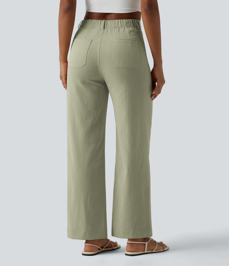 High Waisted Straight Leg Casual Linen-Feel Pants with Pockets - Sunveil Cream Yellow