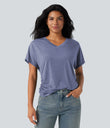 V-neck Short Sleeve Ruched Relaxed Casual Top - Light Blue Floral Yarn