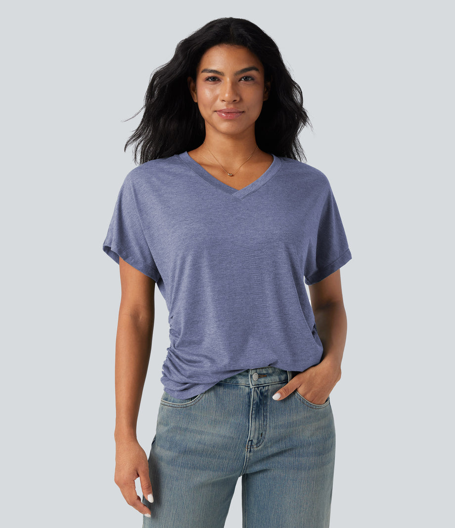V-neck Short Sleeve Ruched Relaxed Casual Top - Light Blue Floral Yarn
