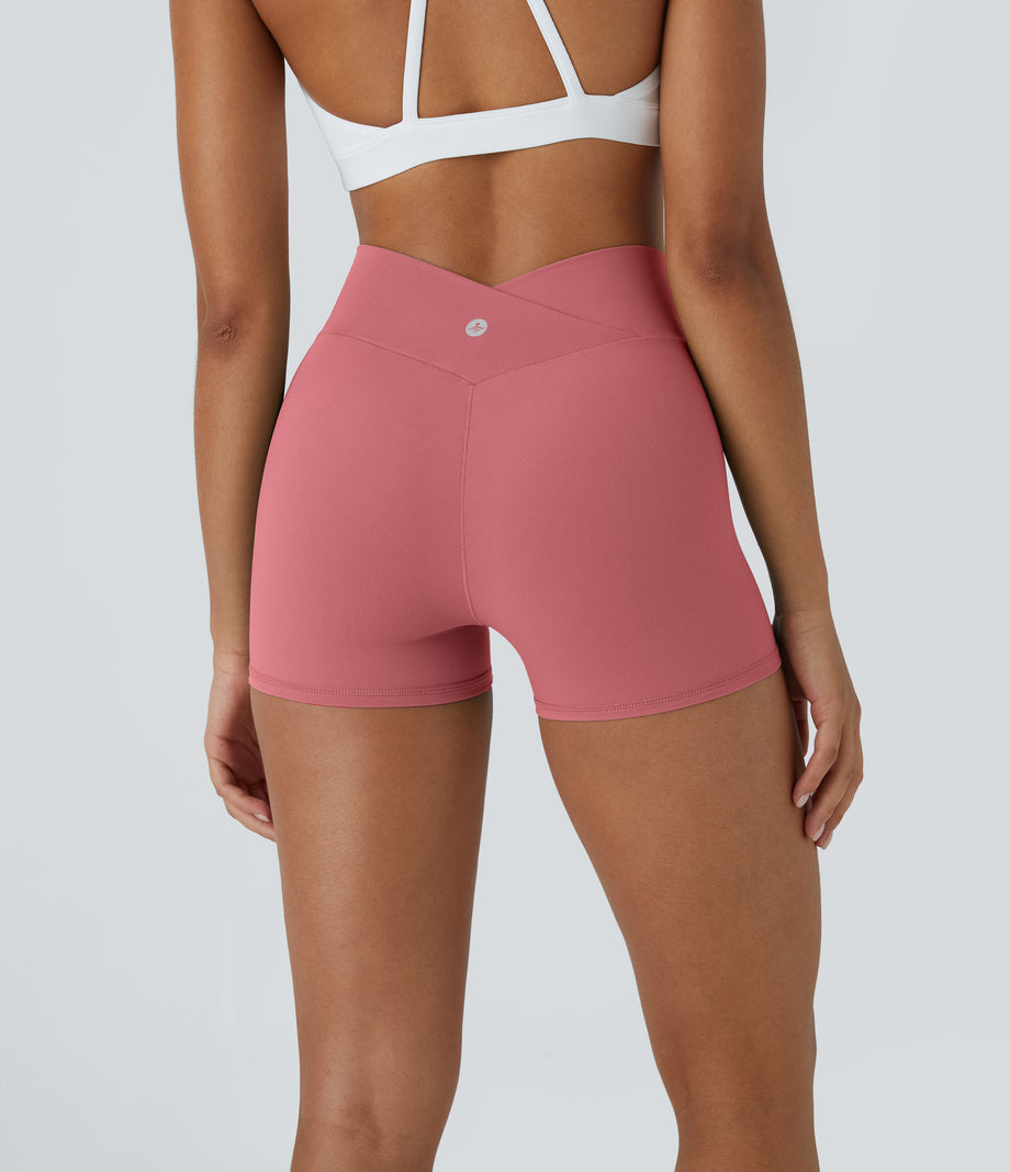SoftlyZero™ High Waisted Crossover Plain Yoga Biker Shorts 3''-UPF50+ - Begonia Rouge