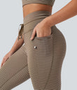 High Waisted Drawstring Striped Yoga Leggings with Pockets - Cedar Brown