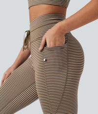 High Waisted Drawstring Striped Yoga Leggings with Pockets - Cedar Brown