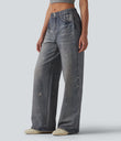 Mid Rise Denim Print French Terry Casual Sweatpants Jeans with Pockets - Painted Vintage Blue