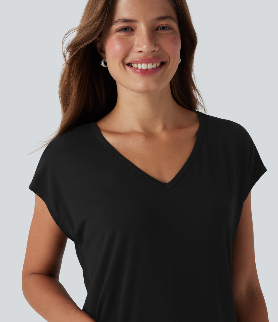 V Neck Short Sleeve Casual T-Shirt - Black