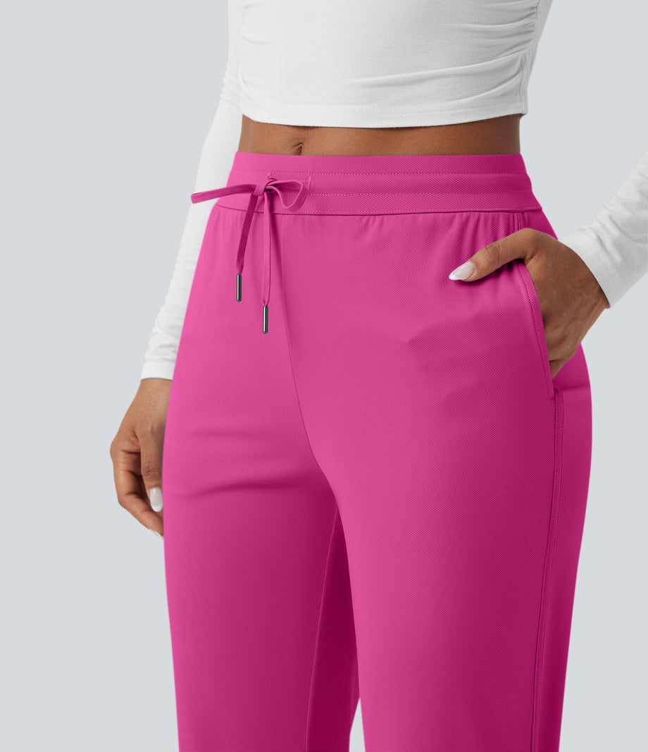 Mid Rise Drawstring Curved Hem Quick Dry Golf Tapered Pants with Pockets-UPF40+ - Fuchsia Fedora