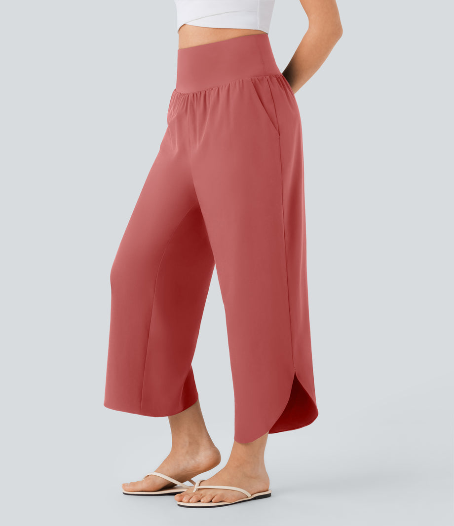 Breezeful™ High Waisted Tummy Control Split Hem Quick Dry Resort Pants with Pockets - Kapok Red