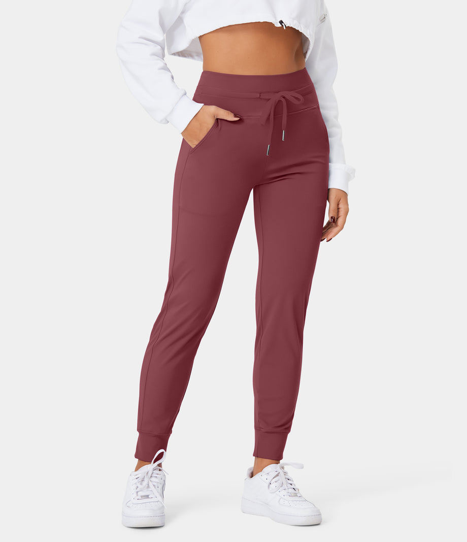 SoftlyZero™ Plush High Waisted Drawstring Pocket Plain Full Length Joggers - Red Violet