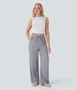High Waisted Drawstring Pocket Wide Leg Baggy Casual Linen-Feel Pants - Steel Gray