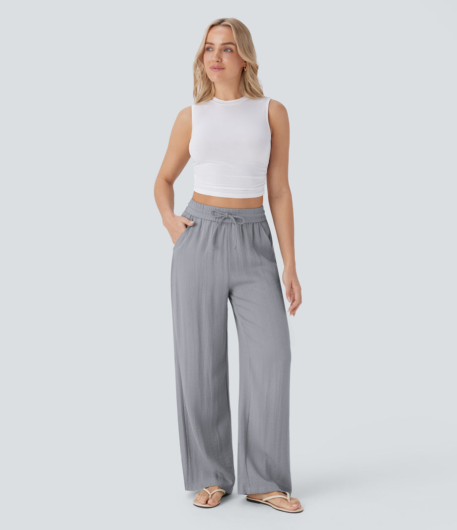 High Waisted Drawstring Pocket Wide Leg Baggy Casual Linen-Feel Pants - Steel Gray